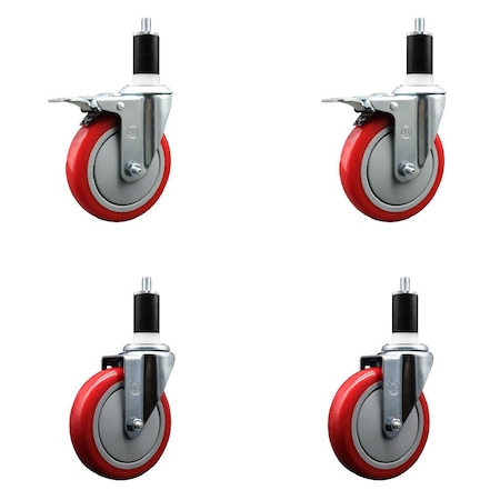 Service Caster 5'' SS Red Poly Swivel 1-3/8'' Expanding Stem Caster Set 2 Total Lock Brakes, 4PK SCC-SSEXTTL20S514-PPUB-RED-2-S-2-138